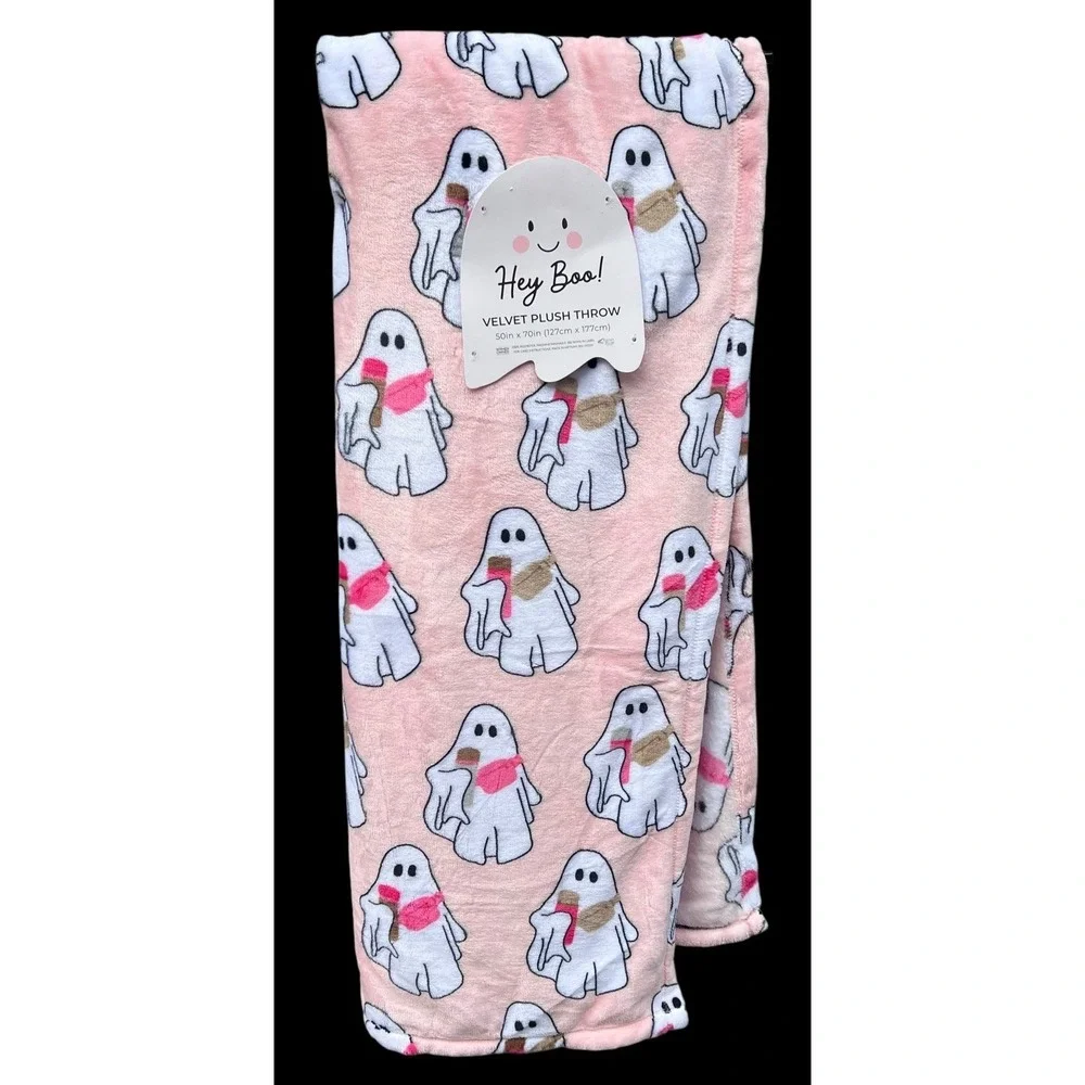 Hey Boo! Pink Halloween Girl Ghost Stanley Crossbody Velvet Plush Throw 50x 70